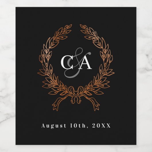 Zwart monogram initialen krans roos gouden bruilof wijn etiket (Enkel label)