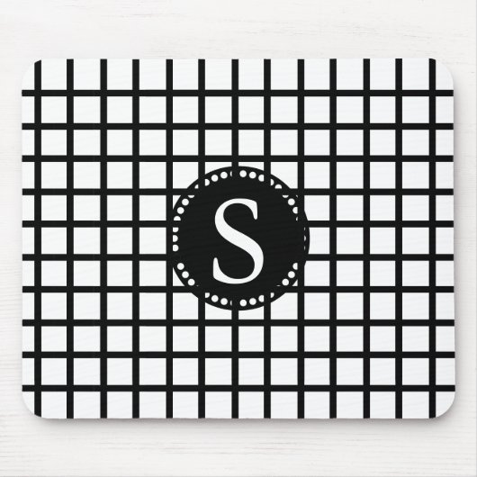 Zwart monogram met witte en zwarte cheques Stripes Muismat (Voorkant)