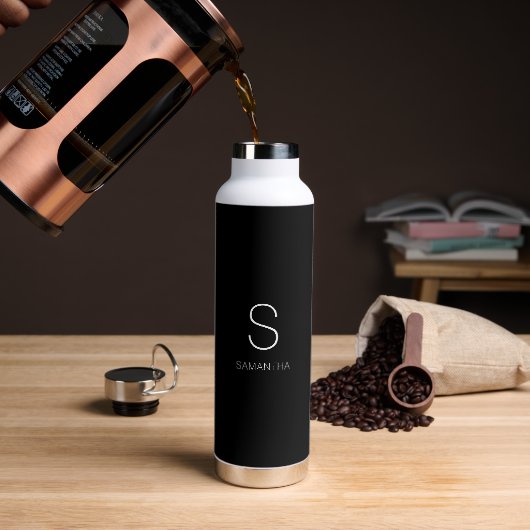 Zwart Monogram Minimalistische naam Waterfles (Koffie)