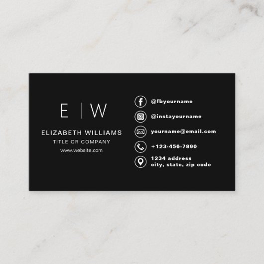 Zwart Monogram Minimalistische Social Media Pictog Visitekaartje (Voorkant)