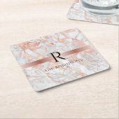 Zwart monogram & naam, wit en Roos goudmarmer Kartonnen Onderzetters (Schuin)