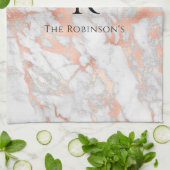 Zwart monogram & naam, wit en Roos goudmarmer Theedoek (Gevouwen)