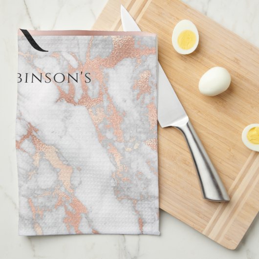 Zwart monogram & naam, wit en Roos goudmarmer Theedoek (Quarter Fold)