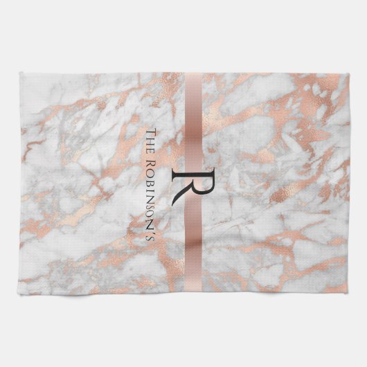 Zwart monogram & naam, wit en Roos goudmarmer Theedoek (Horizontaal)