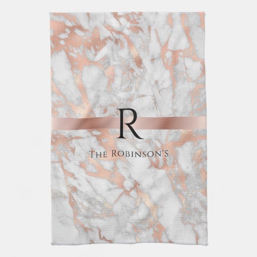 Zwart monogram & naam, wit en Roos goudmarmer Theedoek (Verticaal)