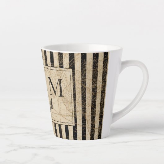 Zwart monogram Nautisch Anker Oude Wereldkaart Latte Mok (Rechts)