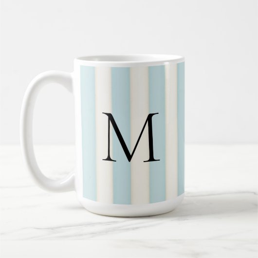Zwart Monogram op Blauw & Antiek Wit Streep Koffiemok (Links)