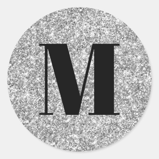 Zwart Monogram op Faux Silver Glitter Ronde Sticker (Voorkant)