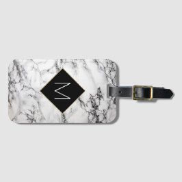 Zwart monogram op faux witte marmeren steen bagagelabel