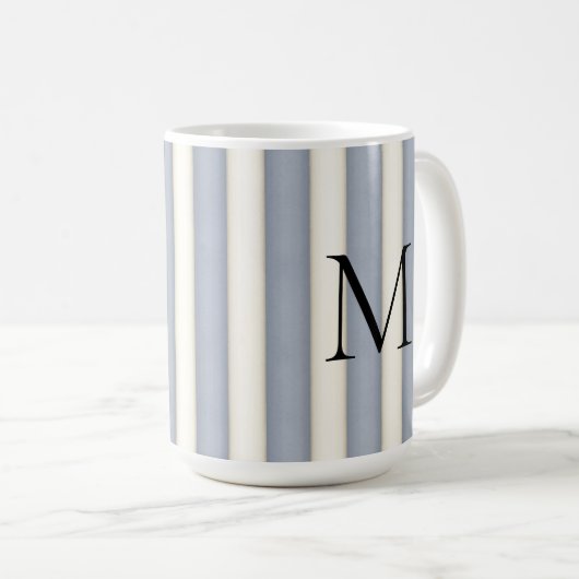 Zwart Monogram op Grijs & Antiek Wit Streep Koffiemok (Voorkant rechts)
