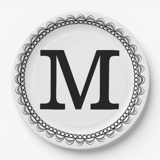 Zwart monogram op maat papieren bordje (Voorkant)