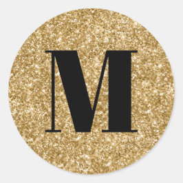 Zwart monogram op namaak goud glitter ronde sticker