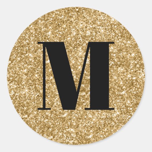 Zwart monogram op namaak goud glitter ronde sticker (Voorkant)