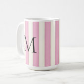 Zwart Monogram op Roze & Antiek Witte Strepen Koffiemok (Voorkant links)