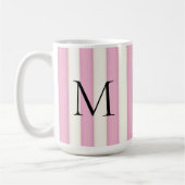Zwart Monogram op Roze & Antiek Witte Strepen Koffiemok (Links)