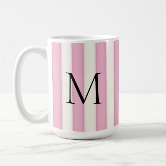 Zwart Monogram op Roze & Antiek Witte Strepen Koffiemok (Links)