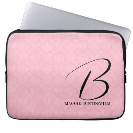 Zwart monogram op Roze Damask Laptop Sleeve