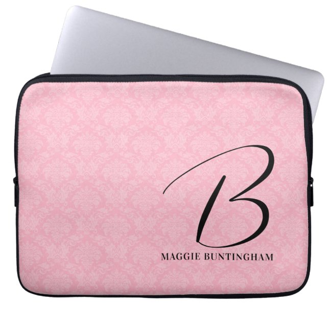 Zwart monogram op Roze Damask Laptop Sleeve (Voorkant)