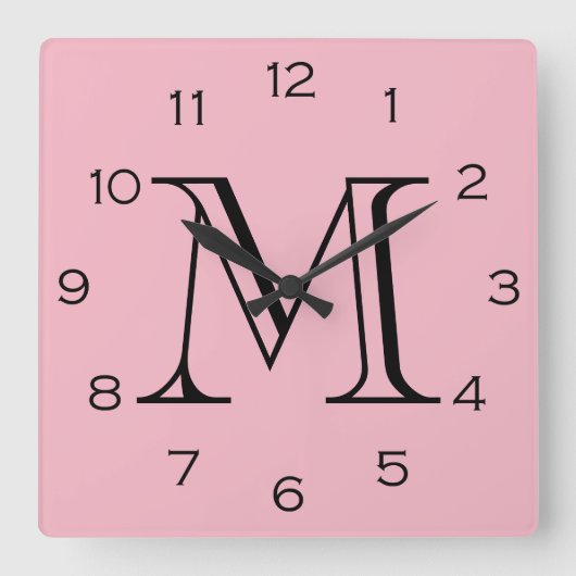 Zwart monogram op roze wcn vierkante klok (Voorkant)