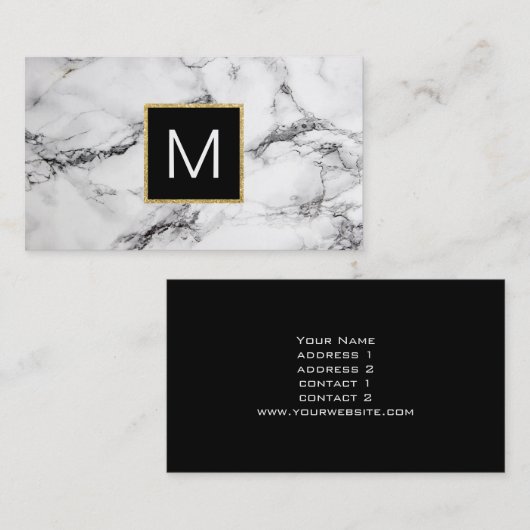 zwart monogram op wit marmer visitekaartje (Voorkant / Achterkant)