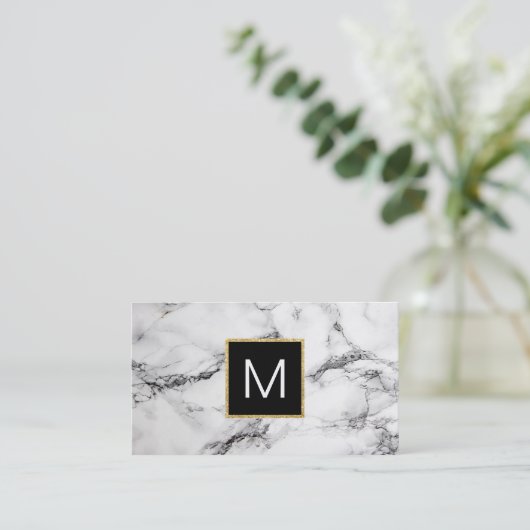 zwart monogram op wit marmer visitekaartje (Staand voorkant)