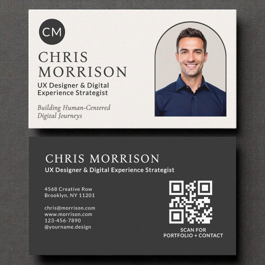 Zwart Monogram Professionele QR Code Foto Visitekaartje