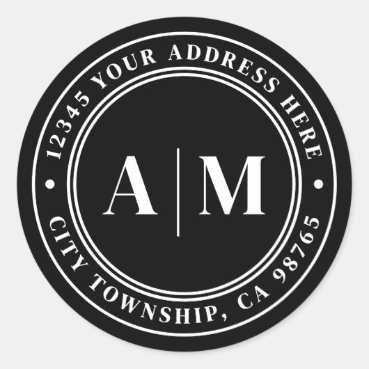 Zwart Monogram Retouradres Ronde Sticker (Voorkant)