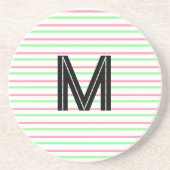 Zwart Monogram Roze Groen Wit Strepen Zandsteen Onderzetter (Voorkant)