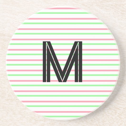 Zwart Monogram Roze Groen Wit Strepen Zandsteen Onderzetter (Voorkant)