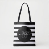 Zwart Monogram Script Calligrafie Modern Stripe Tote Bag (Voorkant)