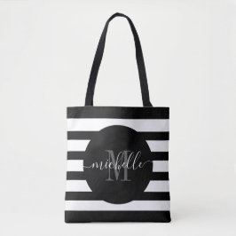 Zwart Monogram Script Calligrafie Modern Stripe Tote Bag