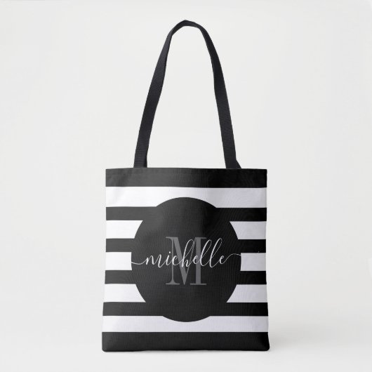 Zwart Monogram Script Calligrafie Modern Stripe Tote Bag (Voorkant)