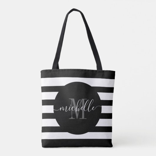 Zwart Monogram Script Calligrafie Modern Stripe Tote Bag (Achterkant)
