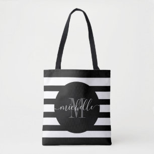 Zwart monogram script kalligrafie Modern Stripe Tote Bag