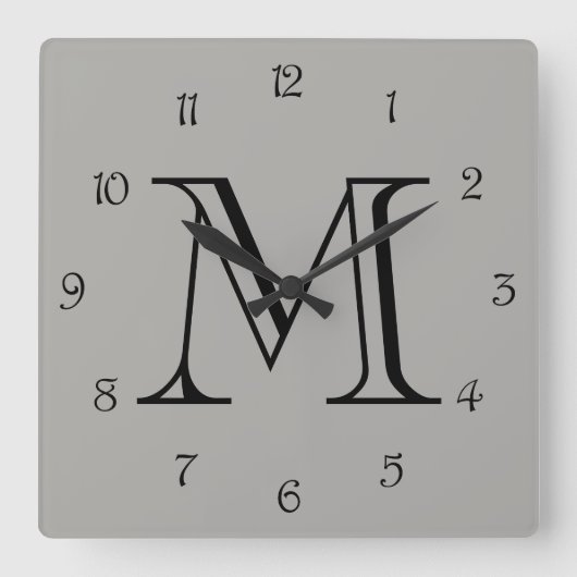 Zwart monogram-scriptnummers op grijs wcn vierkante klok (Voorkant)