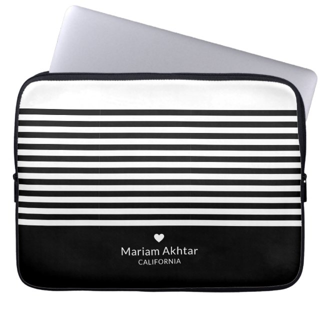 Zwart monogram Stripes Trendy Chic Script Modern Laptop Sleeve (Voorkant)