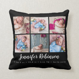 Zwart Monogrammed Geboorte Stat Zwart Foto Collage Kussen