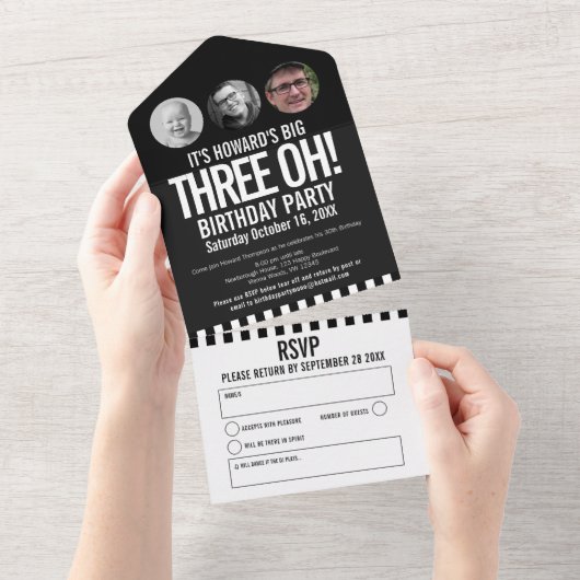 Zwart monoktofoomcirkels 30ste verjaardag  all in one uitnodiging (Afscheurbaar)