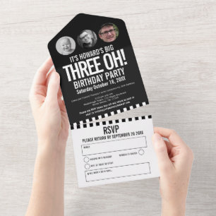 Zwart monoktofoomcirkels 30ste verjaardag  all in one uitnodiging