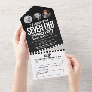 Zwart monoktofoomcirkels strepen 70ste verjaardag all in one uitnodiging