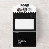 Zwart monoktofoomcirkels strepen 70ste verjaardag all in one uitnodiging (Buitenkant)