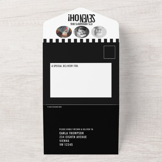 Zwart monoktofoomcirkels strepen 70ste verjaardag all in one uitnodiging (Buitenkant)