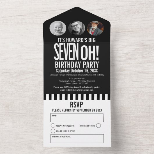 Zwart monoktofoomcirkels strepen 70ste verjaardag all in one uitnodiging (Binnen)