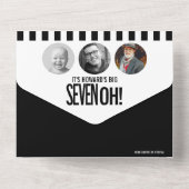 Zwart monoktofoomcirkels strepen 70ste verjaardag all in one uitnodiging (Achterkant)