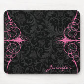 Zwart Monotonen Bloemen Damasks & Roze Lijst Muismat (Voorkant)