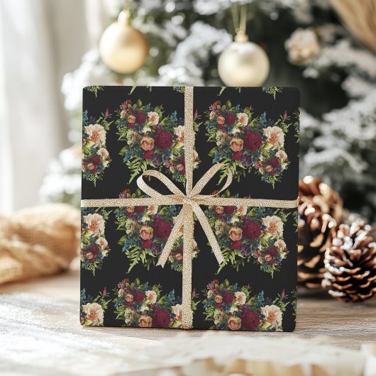 Zwart Moody Floral Bourgondië bruiloft Cadeaupapier