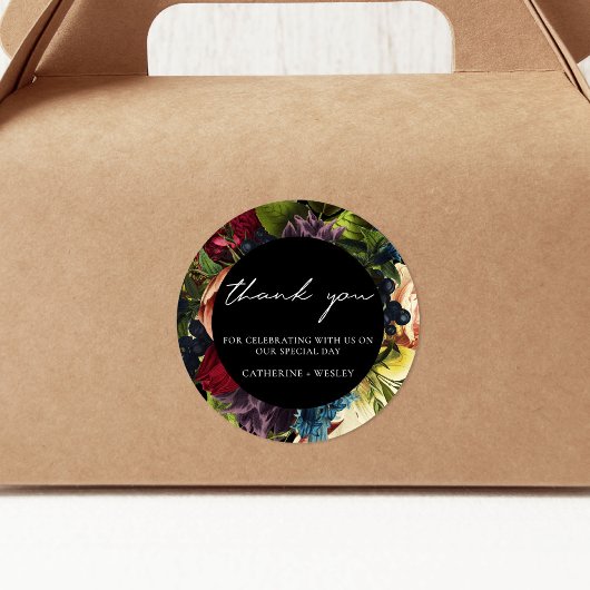 Zwart Moody Floral Bourgondië bruiloft Ronde Sticker