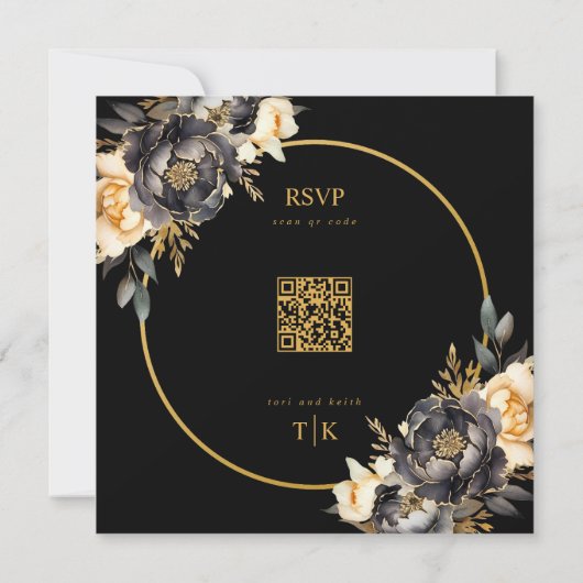 Zwart Moody Floral QR Code RSVP bruiloft uitnodigi Kaart (Achterkant)