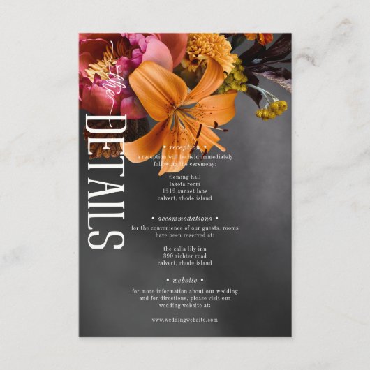 Zwart Moody Gothic Sinaasappel Lily bruiloft detai Informatiekaartje (Voorkant)