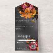 Zwart Moody Gotisch Sinaasappel Lelie Bruiloft QR All In One Uitnodiging (Binnen)
